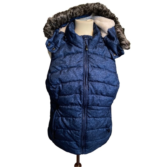 Green Tea Faux Fur Hood Blue Fleece Puffer Coat Vest - Size XL - Picture 1 of 6